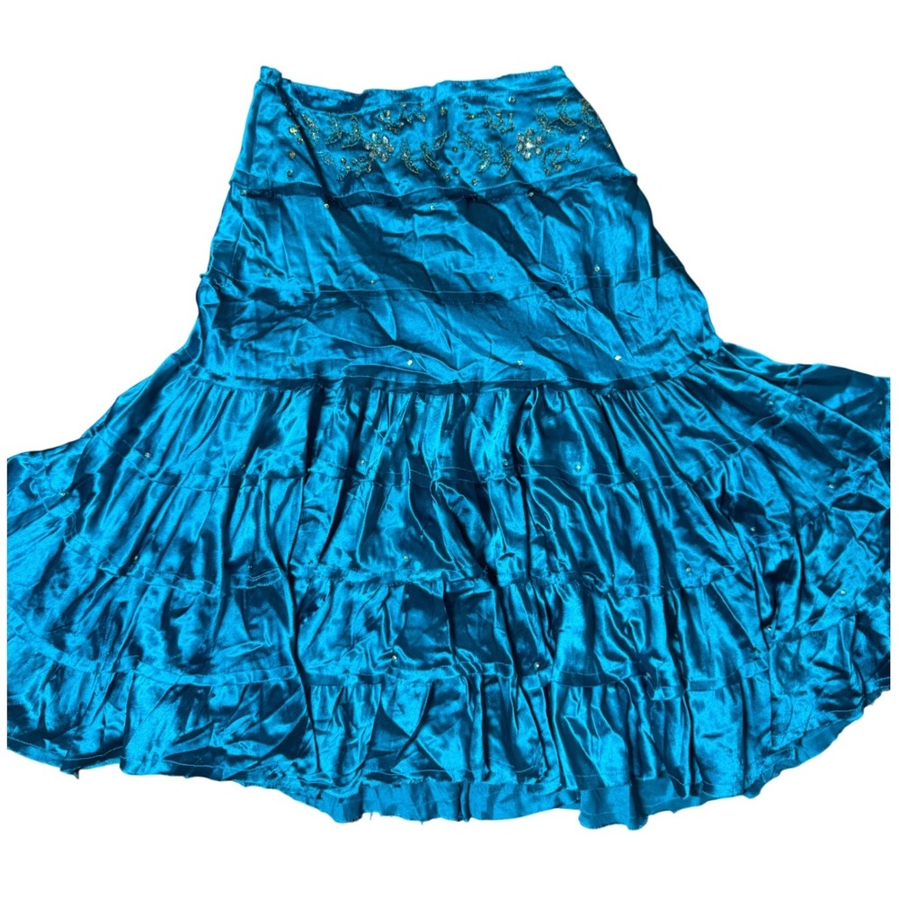 NY Girls 1990/2000s Tiered Beaded Maxi Skirt XL Teal Blue Boho Embroidered NWT
